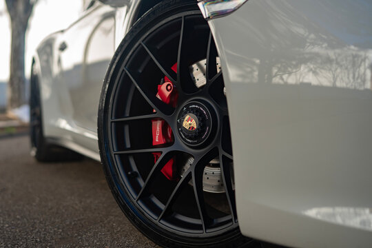 White Porsche 911 Carrera GTS Sports Car Black Center Lock Wheel Detail