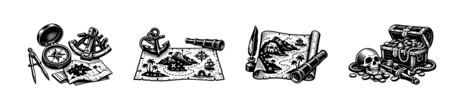 Pirate treasure map and nautical elements vector illustration in black and white silhouette style