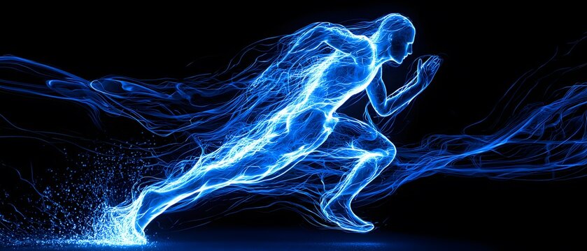 Futuristic human runner formed from flowing blue energy trails on a black background representing speed