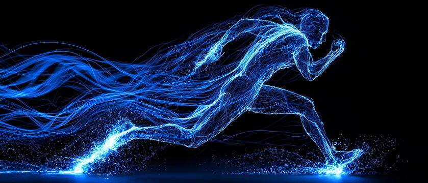 Futuristic human runner formed from flowing blue energy trails on a black background representing speed