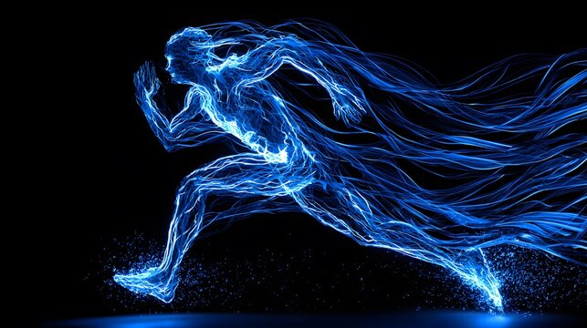 Futuristic human runner formed from flowing blue energy trails on a black background representing speed