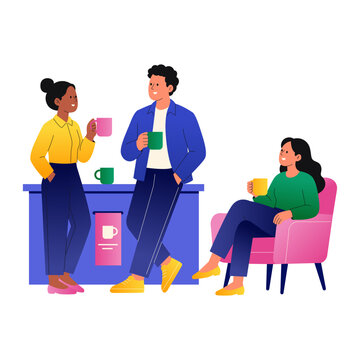Three coworkers relax with drinks around an office coffee station and chair, enjoying a casual break and friendly workplace conversation together.