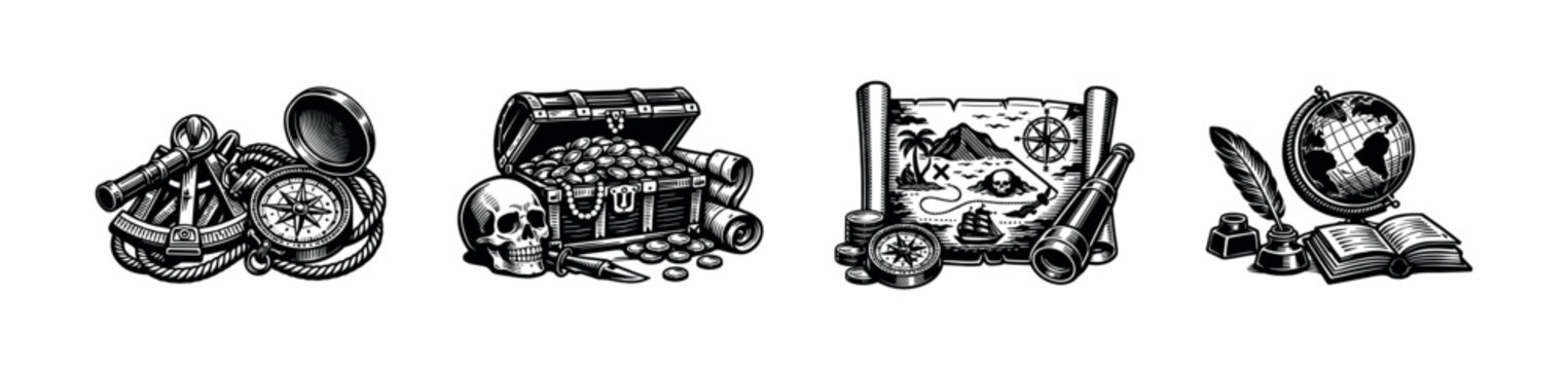 Vintage adventure elements illustration featuring compass map telescope treasure chest in black and white silhouette