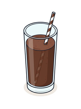 2D isometric vector illustration of a tall glass filled with chocolate drink and straw on plain white background