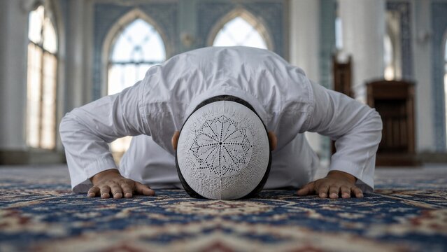 Muslim man performs the act of prostration during prayer on a patterned rug inside a mosque.