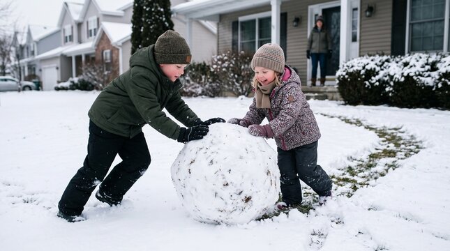 Two children in winter clothing work together to roll a large snowball in a snowy suburban yard