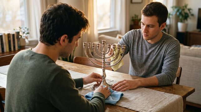 Two young men cleaning a silver menorah for Hanukkah celebration preparing for holiday traditions