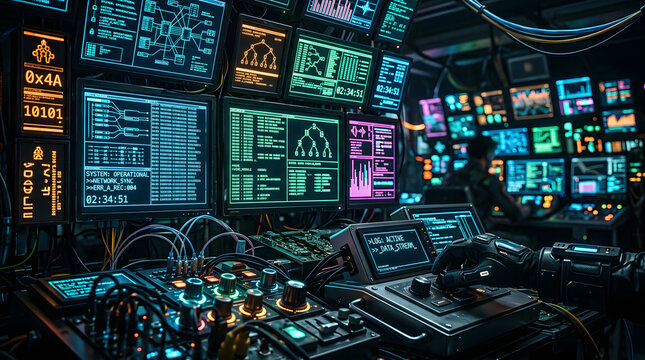 Futuristic cyber control room background with digital screens for tech marketing and user interface logo design