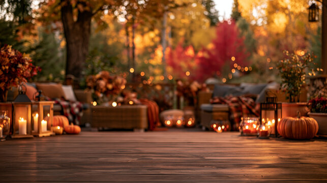 Cozy autumn patio with pumpkins, glowing candles, lanterns and cushioned seating surrounded by colorful foliage for seasonal home decor and lifestyle backgrounds