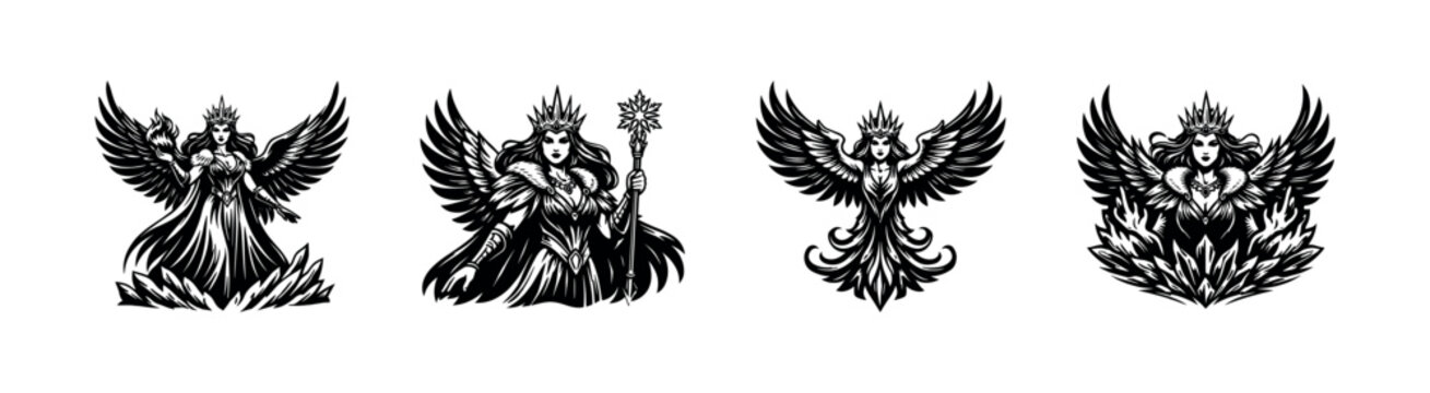 Black and white vector silhouette illustrations of fantasy queens and winged figures