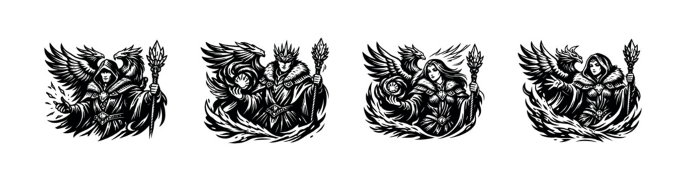 Black and white vector illustrations of fantasy winged figures with scepters