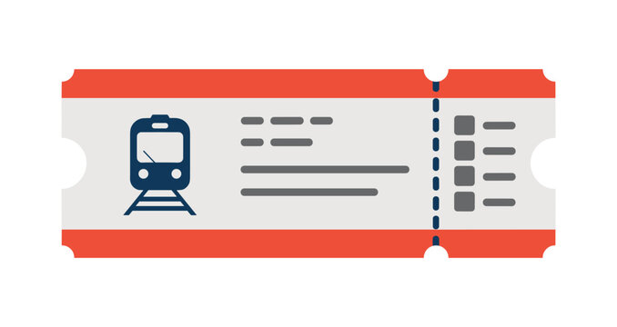 Train Ticket. A stylized illustration of a train ticket with a train icon, detailed text placeholders, and perforated edges. Ideal for concepts related to travel, transportation.
