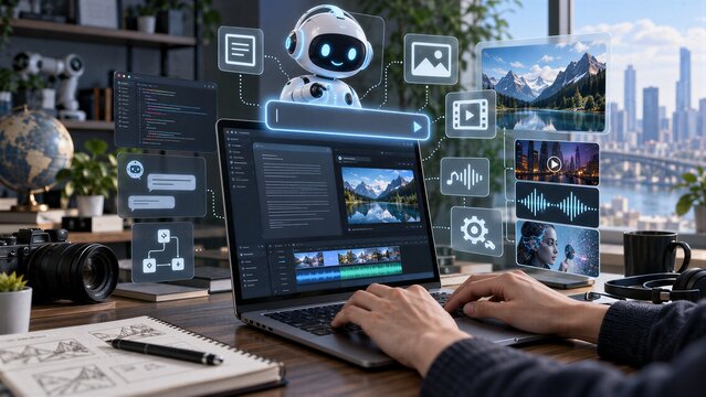 Prompt Engineering for Artificial Intelligence Content Generation: Person Using Laptop with Chatbot and Automation Icons for Digital Workflow