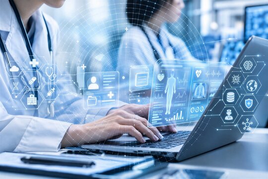 Doctors collaborating on laptops with a futuristic digital medical interface, showcasing radial grid data for electronic health records and advanced telemedicine solutions.