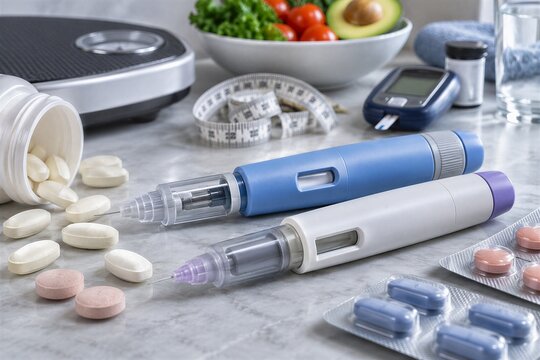 3D Rendered Glucagon Like Peptide 1 (GLP-1) Injection Pens and Pills for Diabetes and Weight Loss Treatment