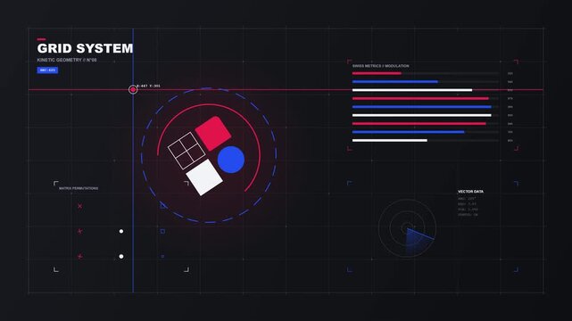 Futuristic HUD grid system with kinetic geometry and animated data charts