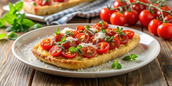 A slice of traditional Italian friselle topped with juicy cherry tomatoes, crumbled oregano, and a sprinkle of parmesan cheese, served on a white ceramic plate, antipasto, oregano