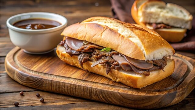 A juicy French Dip sandwich placed on a wooden board, with au jus dipping sauce and crispy bread on the side