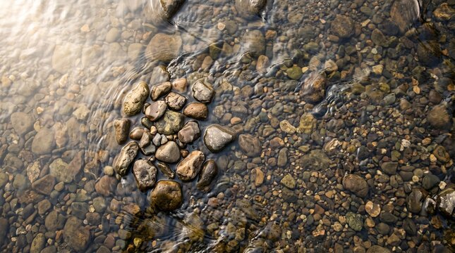 Shallow flowing water refracting over rounded river stones
