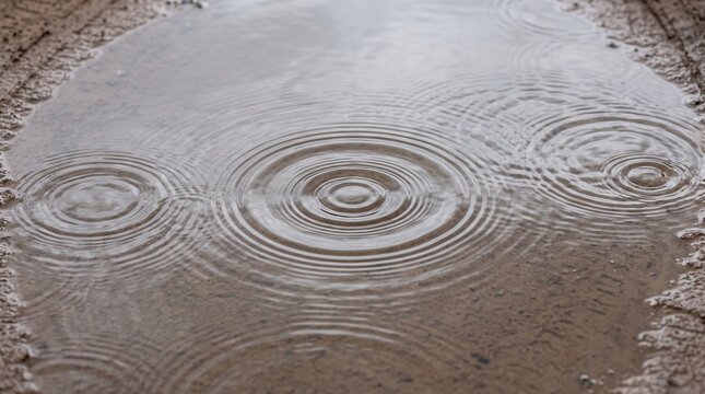 Rain rings overlapping on a shallow earthen puddle