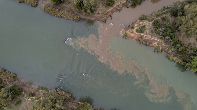 Sediment-rich stream mixing with clearer river water