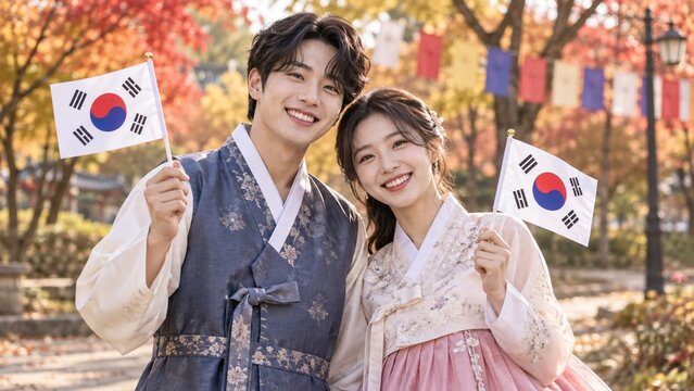 Happy Korean couple wearing traditional Hanbok and holding South Korea flags celebrating Gaecheonjeol National Foundation Day in autumn park