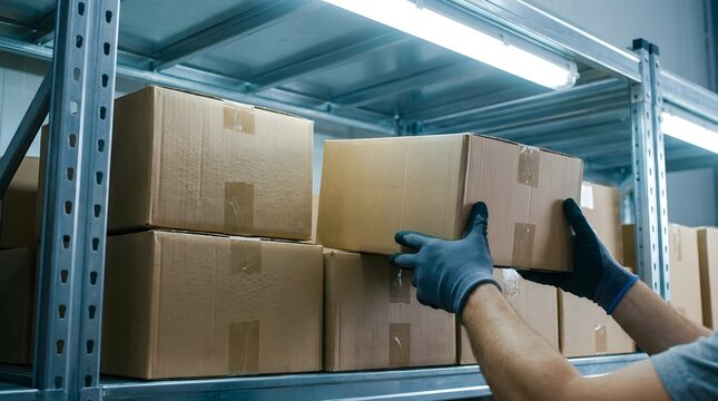 Warehouse worker stacking cardboard shipping boxes on shelves for Black Friday and Cyber Monday retail e-commerce logistics.