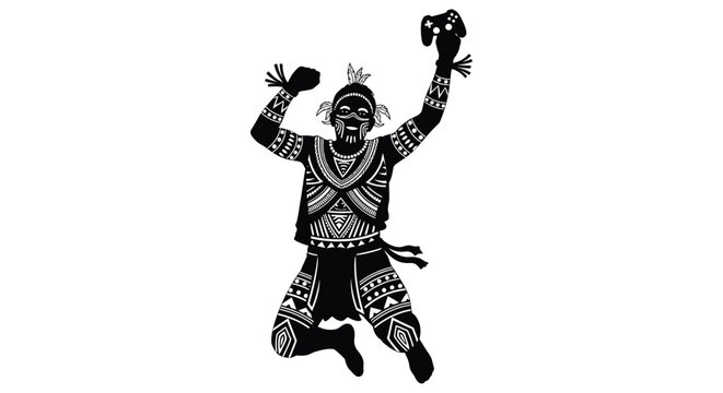 Silhouette of a tribal dancer with raised arms and traditional ornamentation