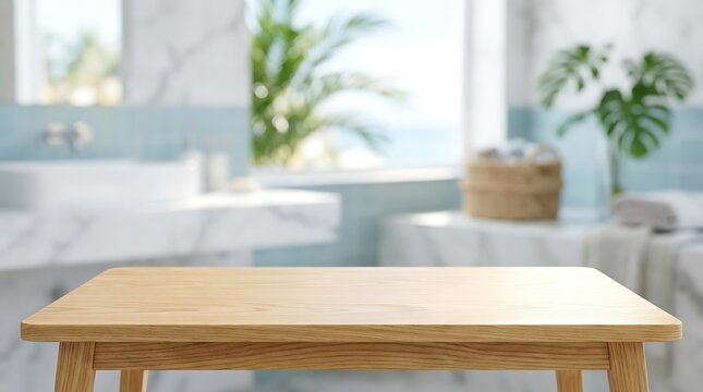 Empty Wooden Table Top Product Display Podium in Bright Sunlit Tropical Spa Bathroom Interior Mockup for Advertising