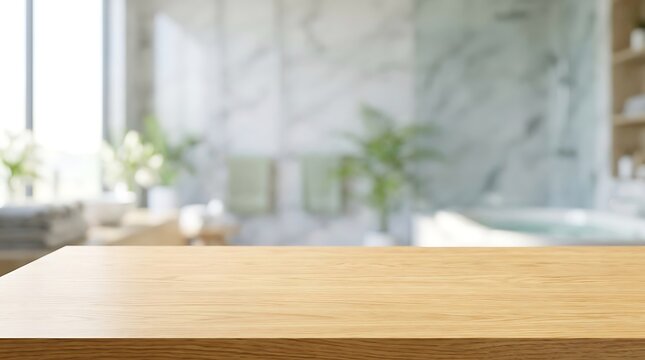 Empty wooden tabletop in modern blurred bathroom interior for product display showcase and wellness advertising mockup.
