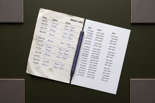 Handwritten work rota sheet with pen and schedule pages