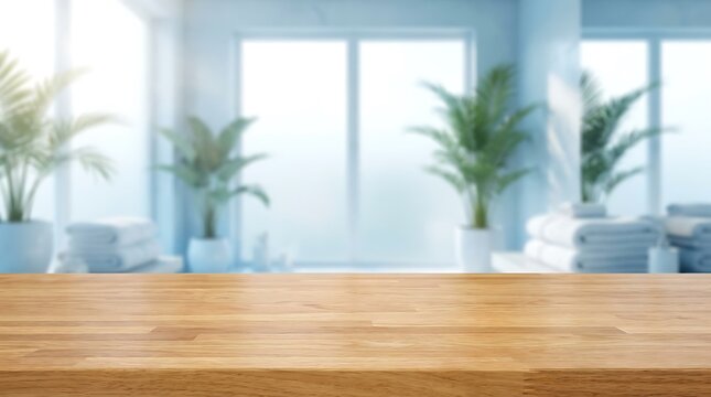 Empty wooden tabletop with blurred bright bathroom interior background for product display and spa wellness web banner.