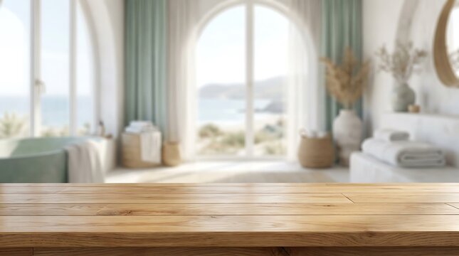 Empty Wooden Table Top Product Display Background with Blurred Spa Resort Interior and Arched Window Sea View Scene