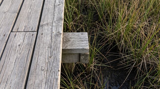 Weathered boardwalk edge meeting marsh grasses and wet ground