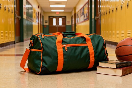 Sports Duffel Bag, Books and Basketball in School Corridor