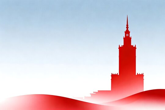 Red Silhouette of Tall Landmark Building Against Light Blue Sky