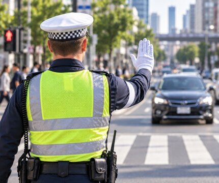 A rear view of a police officer in uniform directing traffic at a city intersection with a car.