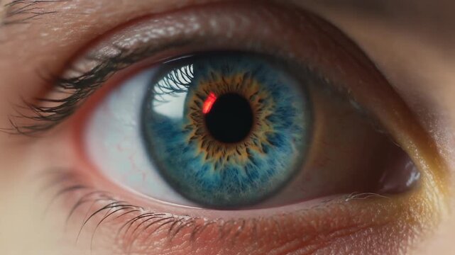Extreme macro cinematic footage of one human eye with refined bright blue matador-inspired styling