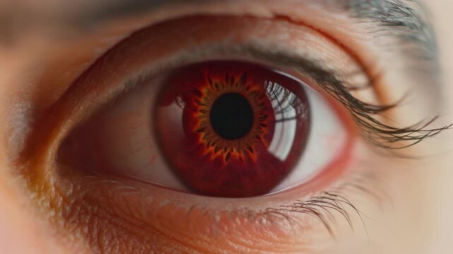 Extreme macro footage of a single human eye with elegant deep red Spanish matador styling