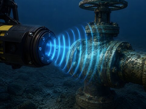 Sonar Scanner Beside Submerged Industrial Valve Assembly with Acoustic Reflections and Detailed Metallic Engineering Surfaces