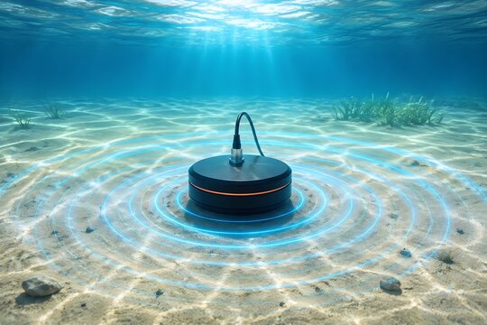 Sonar Sensor Resting on Shallow Sand with Concentric Detection Waves Spreading Across Clean Seabed Surface