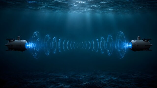 Sonar Pulse Traveling Between Two Generic Submerged Devices with Visible Acoustic Propagation Through Clear Water