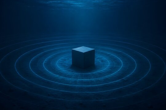 Sonar Detection Rings Converging Around Solitary Submerged Cube in Dark Blue Minimal Underwater Composition Scene