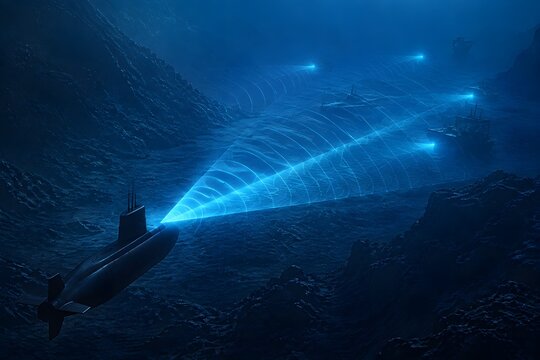 Submarine Acoustic Detection System Illuminating Multiple Distant Objects Through Layered Sonar Reflections in Moody Ocean