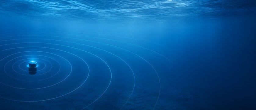 Clean Sonar Detection Rings Moving Through Gradient Ocean Water with Strong Negative Space Technology Concept