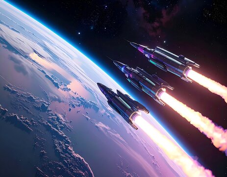 Multiple powerful spacecraft launching into deep space above a planet. Ideal for science fiction, cosmic exploration, and futuristic technology concepts.