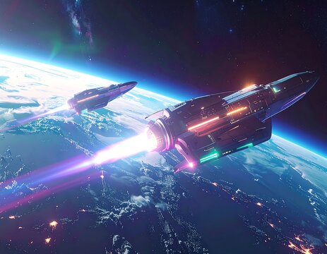Multiple powerful spacecraft launching into deep space above a glowing planet. Ideal for futuristic sci-fi projects and aerospace technology marketing.