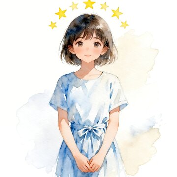 Young girl in blue dress with golden stars watercolor illustration