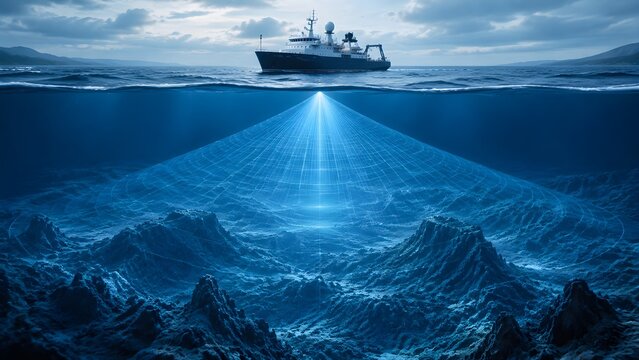 Ocean Survey Vessel with Expansive Underwater Sonar Scanning Field Showing Realistic Water Physics and Geology