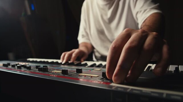 Playing piano vintage retro synthesizer. Close up of man hands playing jazz on the piano. Fingers on the piano, vintage colors. A very close look at a jazz pianist hands. Man playing the piano, close